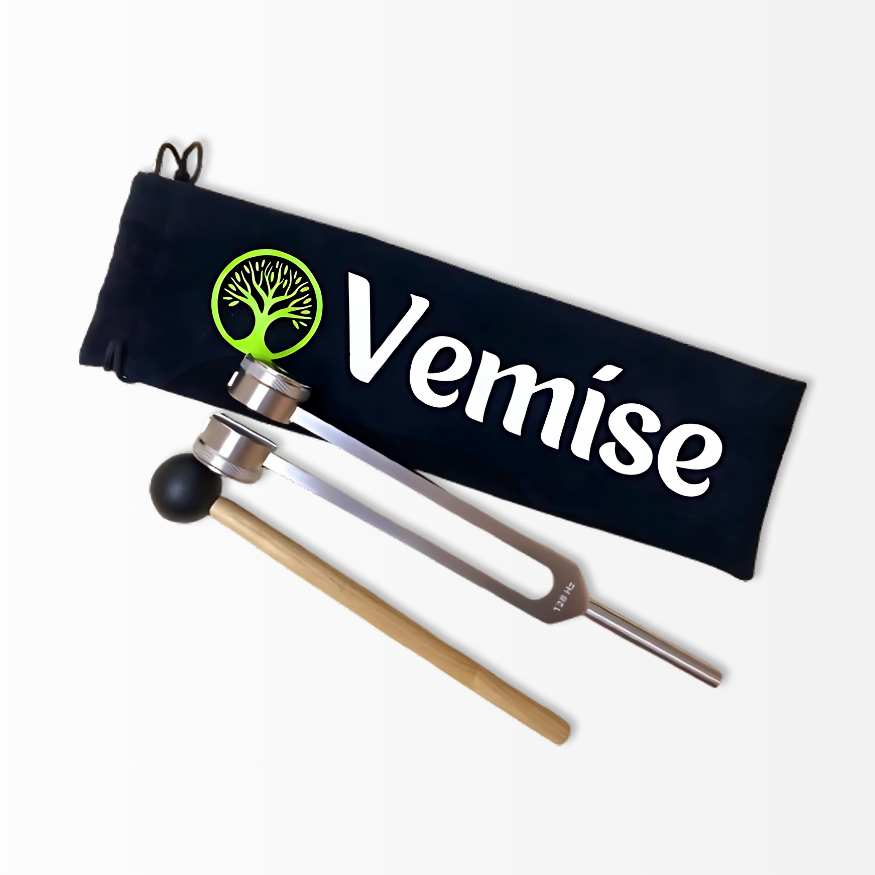 Vemise 128Hz Healing Instrument with logo on the carry bag with a white photoshoot background